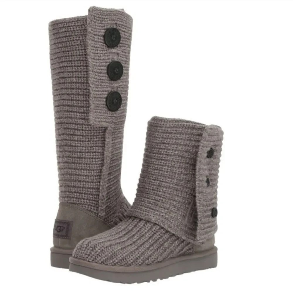 UGG Australia Classic Cardy Boot Gray Knit Tall Button Fold Down Size 8 Winter